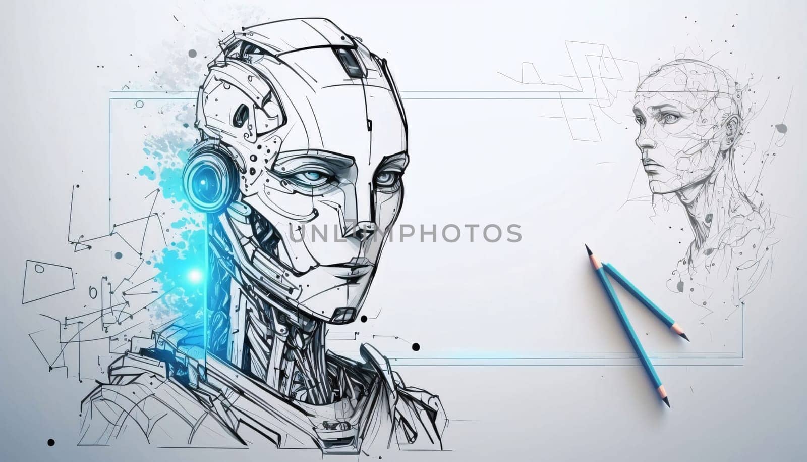 Banner: 3d rendering humanoid robot head with pencil in hand drawn sketch style
