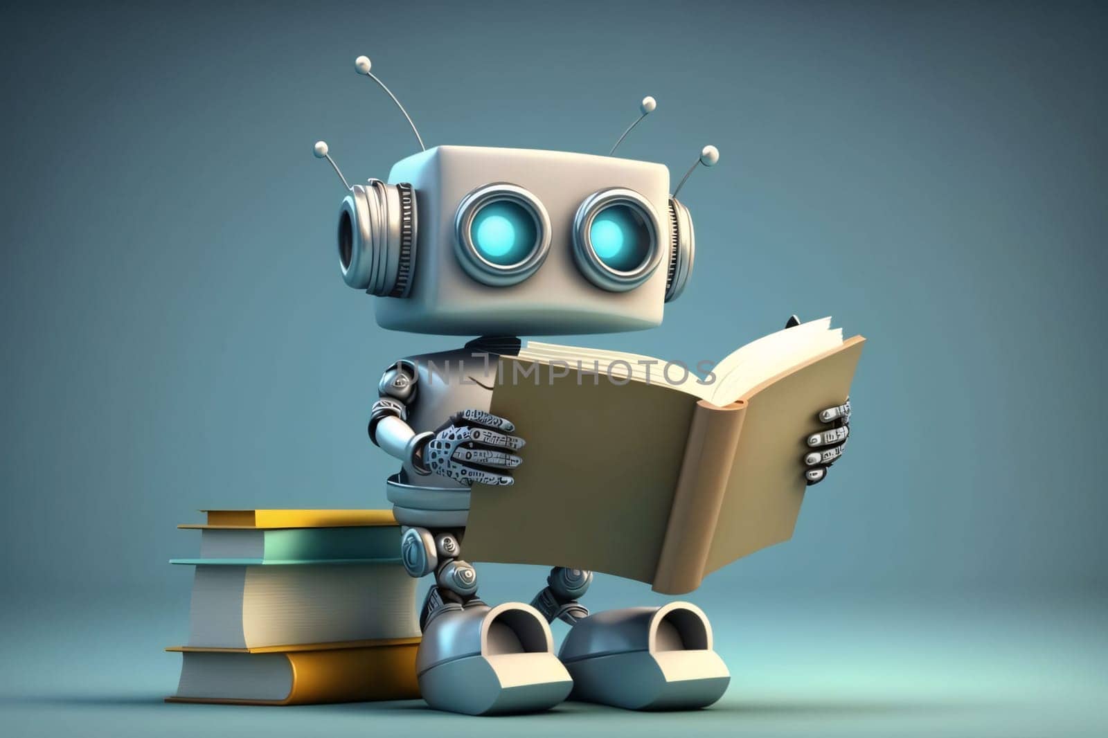 Cute robot reading a book, 3d illustration, toned image by ThemesS