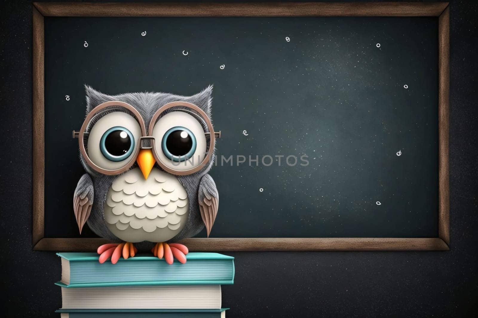 Cute owl on blackboard. Education concept. 3D Rendering by ThemesS