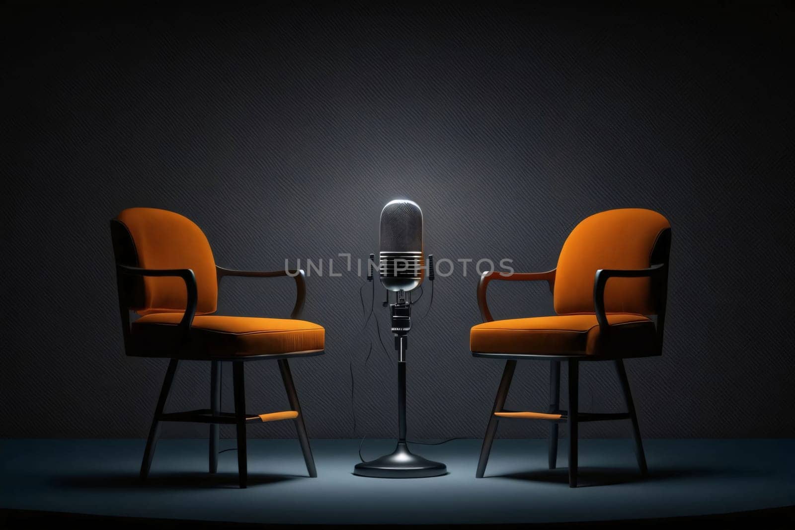 Banner: Two orange armchairs and a microphone on a dark background. 3d rendering