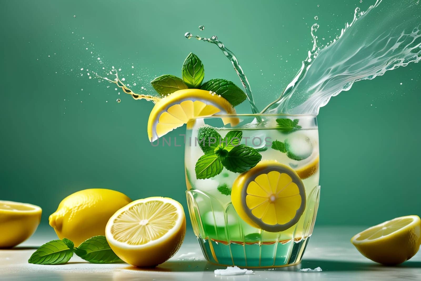 lemonade in a glass with lemon slices and mint by Rawlik