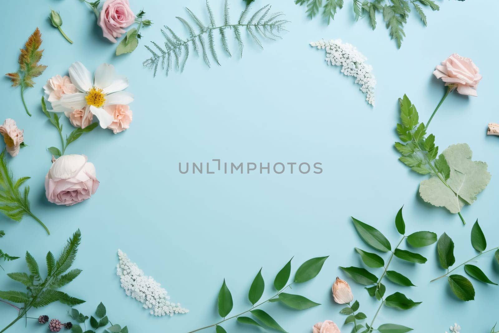 Banner: Flowers composition. Frame made of flowers on blue background. Flat lay, top view, copy space
