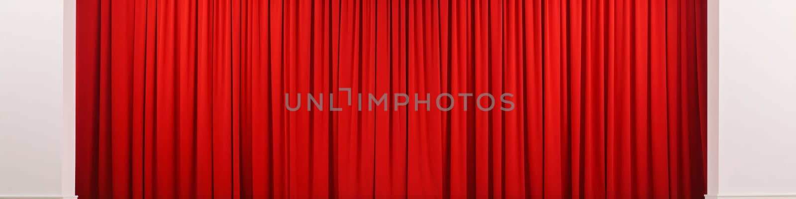 Banner: Red curtain background with copy space. Cinema or theater stage background.