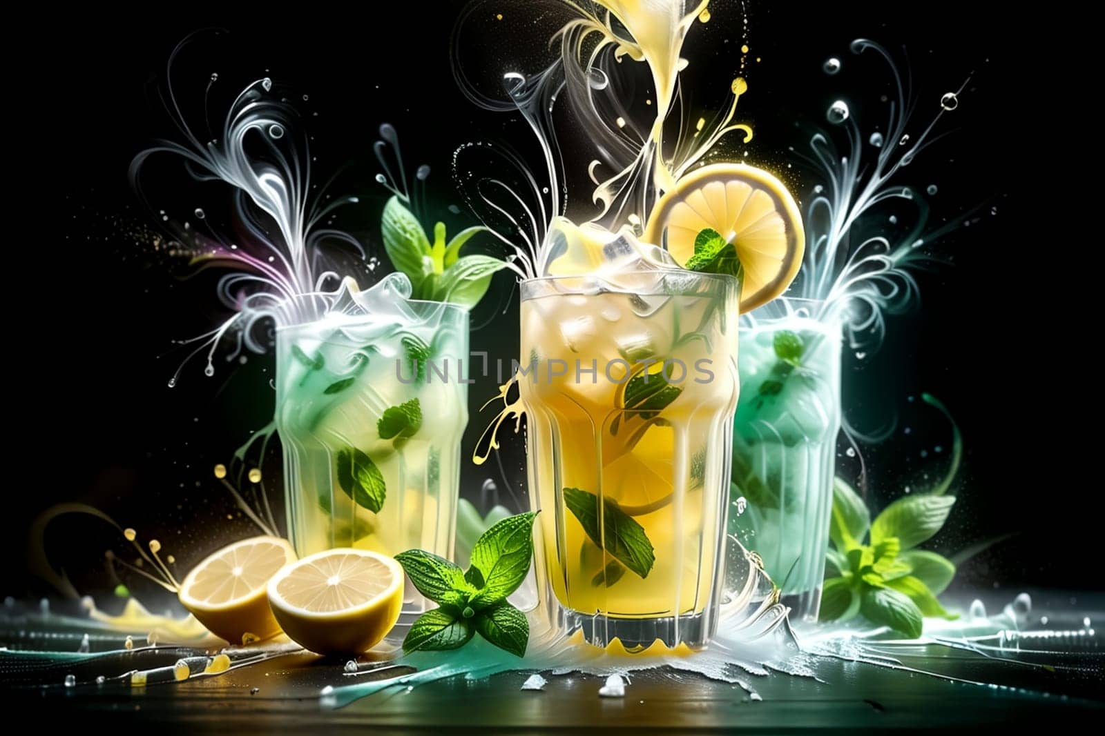 lemonade in a glass with lemon slices and mint by Rawlik