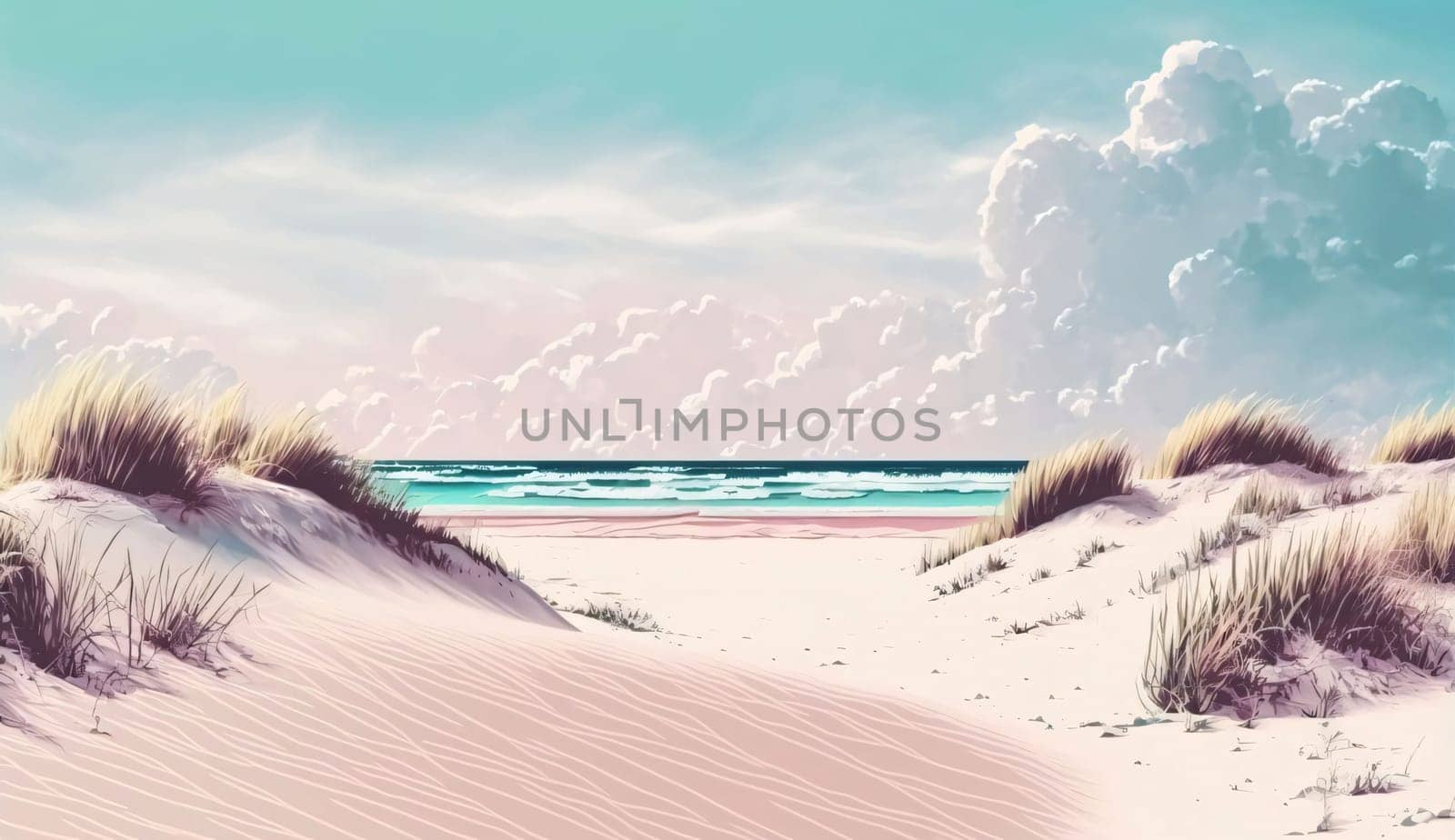 Banner: Seascape with sand dunes and sea in the background. Hand drawn illustration.