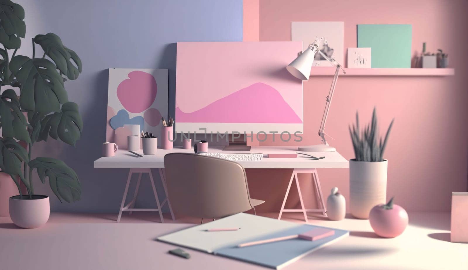 Banner: Interior of modern office with pink and blue colors, 3D rendering