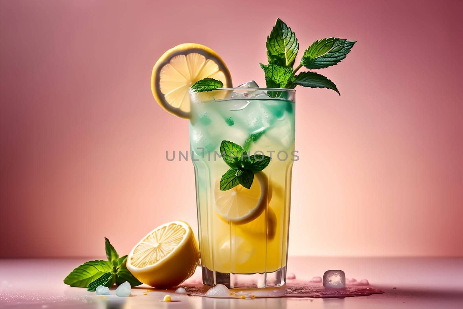 lemonade in a glass with lemon slices and mint by Rawlik