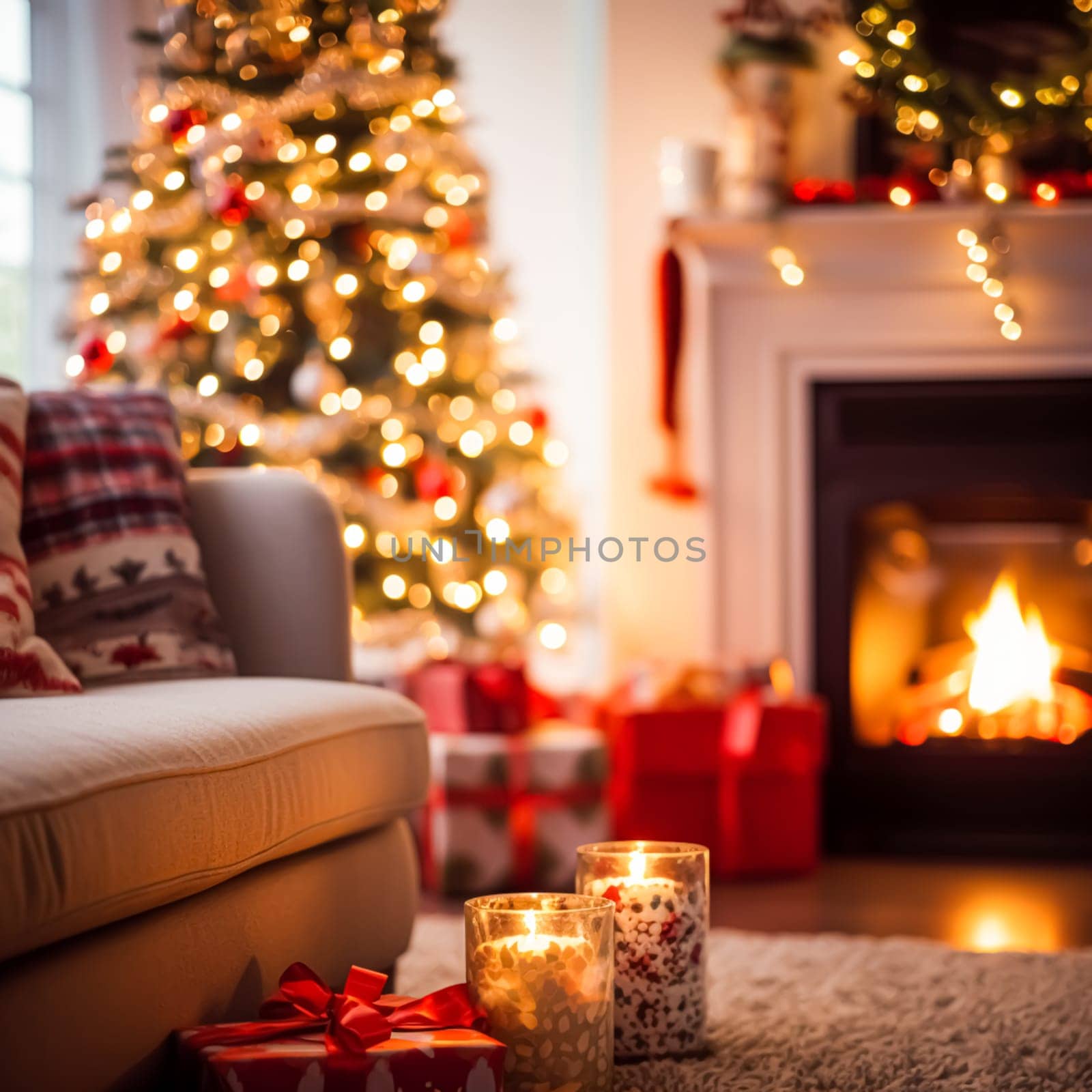 Christmas decor, holiday time and country cottage style, cosy atmosphere, decorations in the English countryside house with Christmas tree and fireplace on background, winter holidays idea