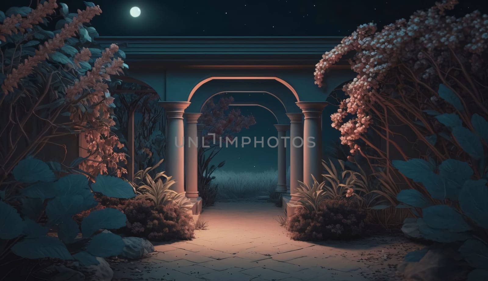 Banner: 3d render of fantasy garden with arches and plants at night