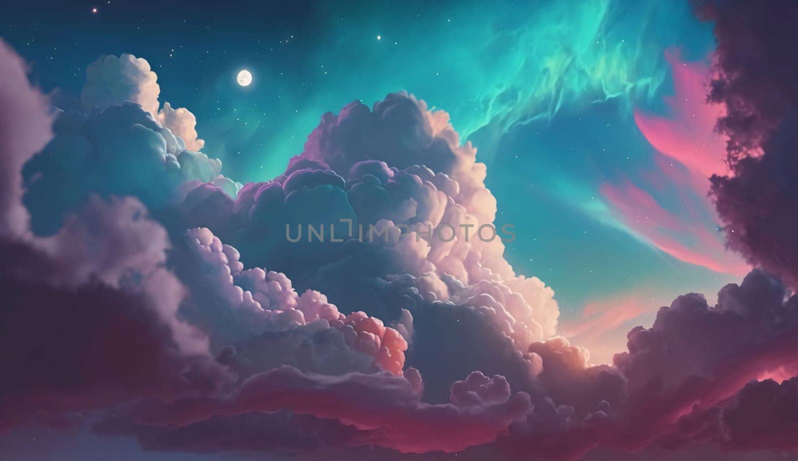 Banner: Night sky with clouds and stars. 3D illustration. Abstract background.