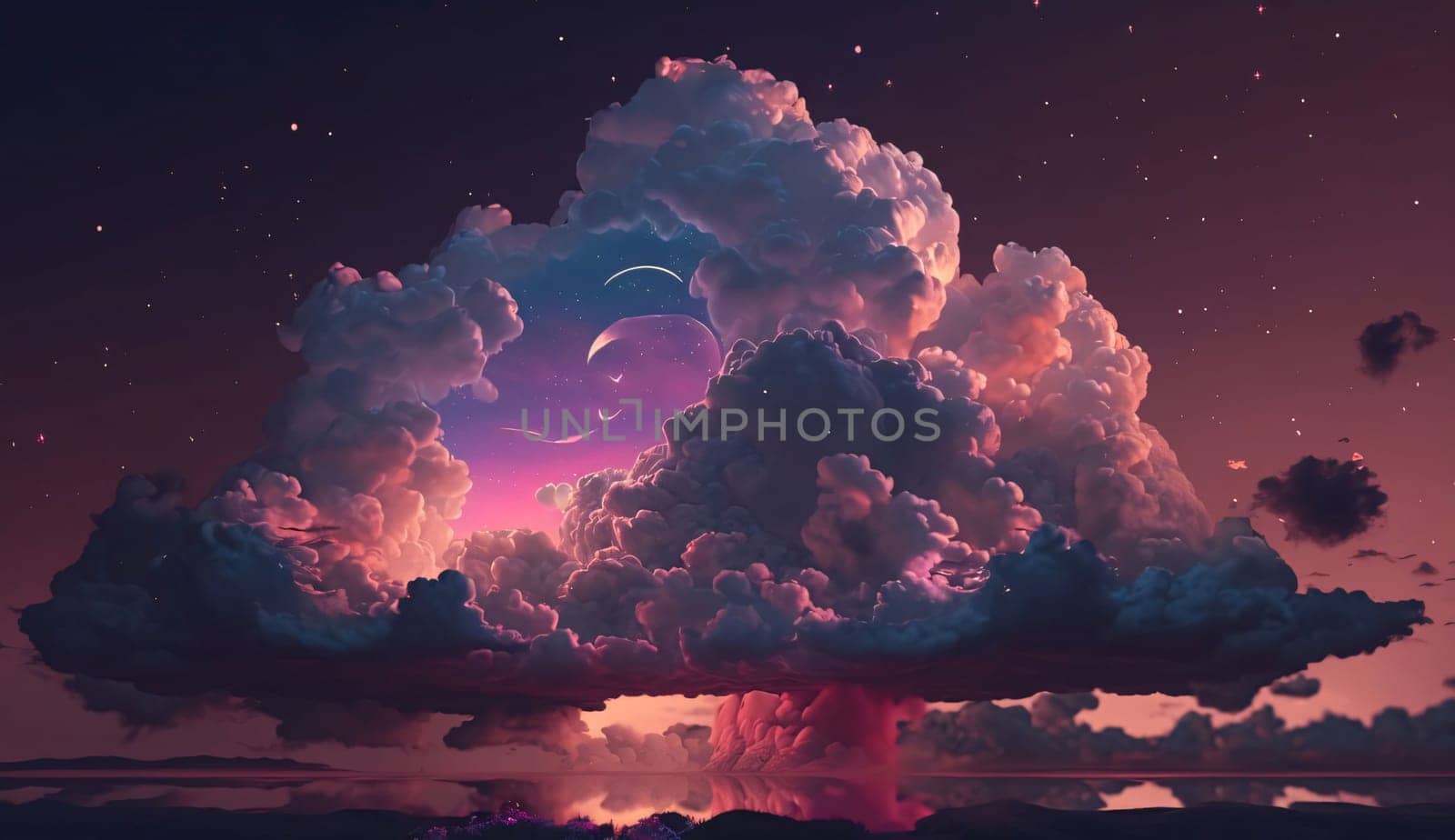Banner: 3D illustration of a beautiful night sky with clouds and stars.