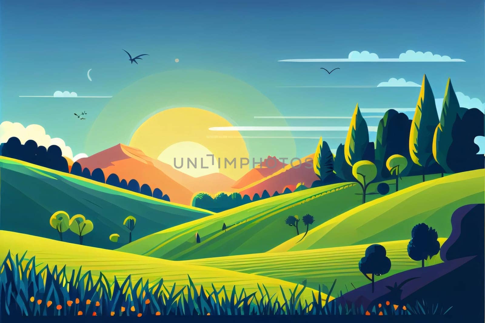 Banner: Landscape with hills, fields, trees and sunset. Vector illustration