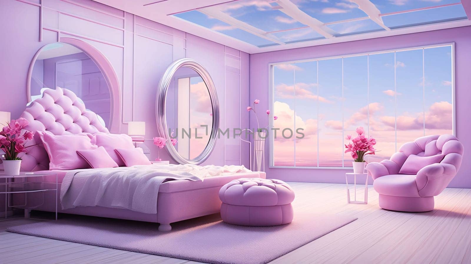 Banner: 3d render of pink modern bedroom interior with big mirror and pink armchair