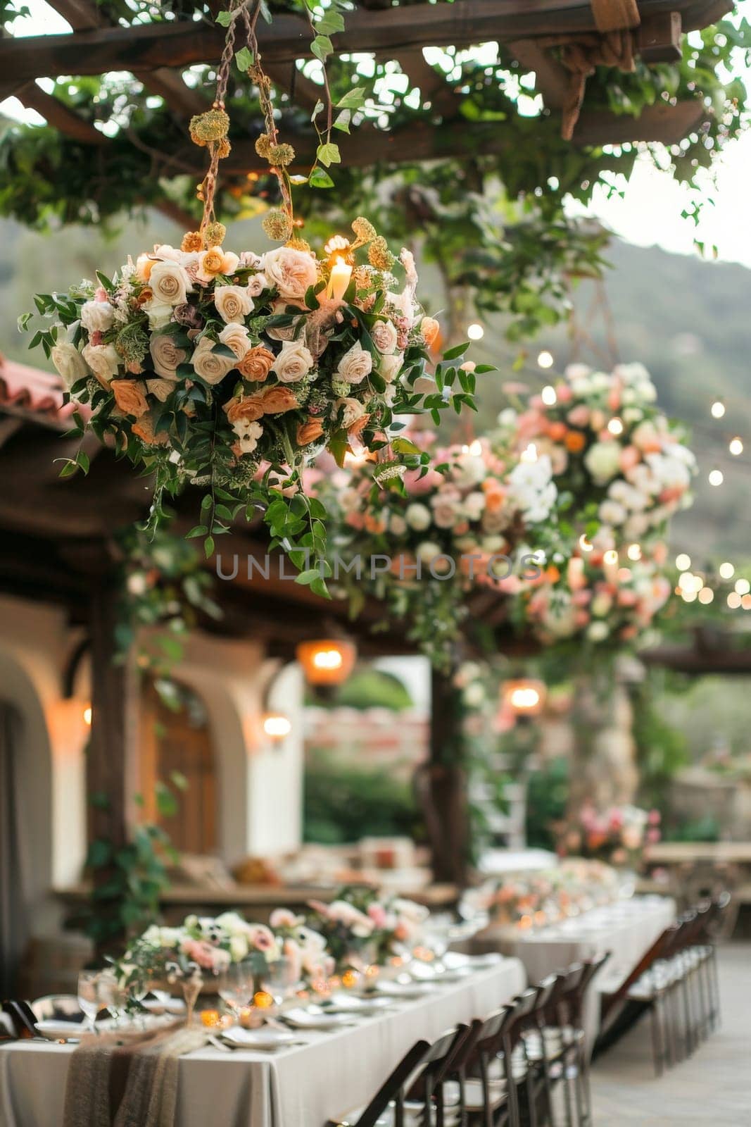 A large outdoor wedding reception with a lot of flowers and candles. The tables are set up with white tablecloths and plates, and there are chairs around the tables. The atmosphere is elegant