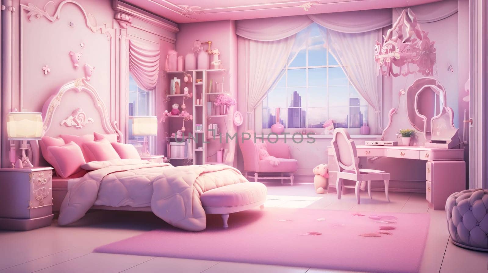 Banner: 3d render of a pink bedroom with a big window on the background