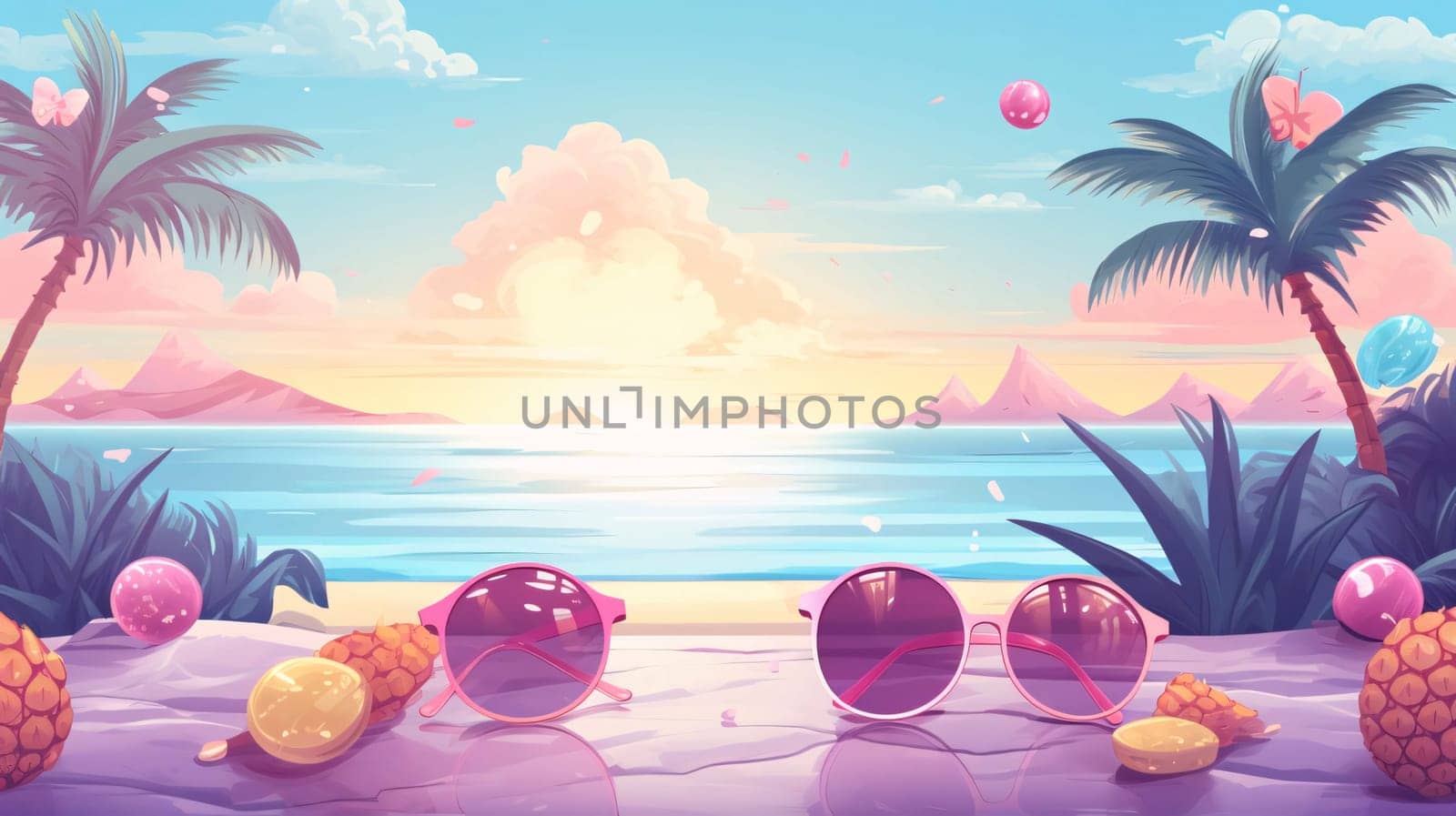 Banner: Summer beach with palm trees, sun glasses and seashells. Vector illustration