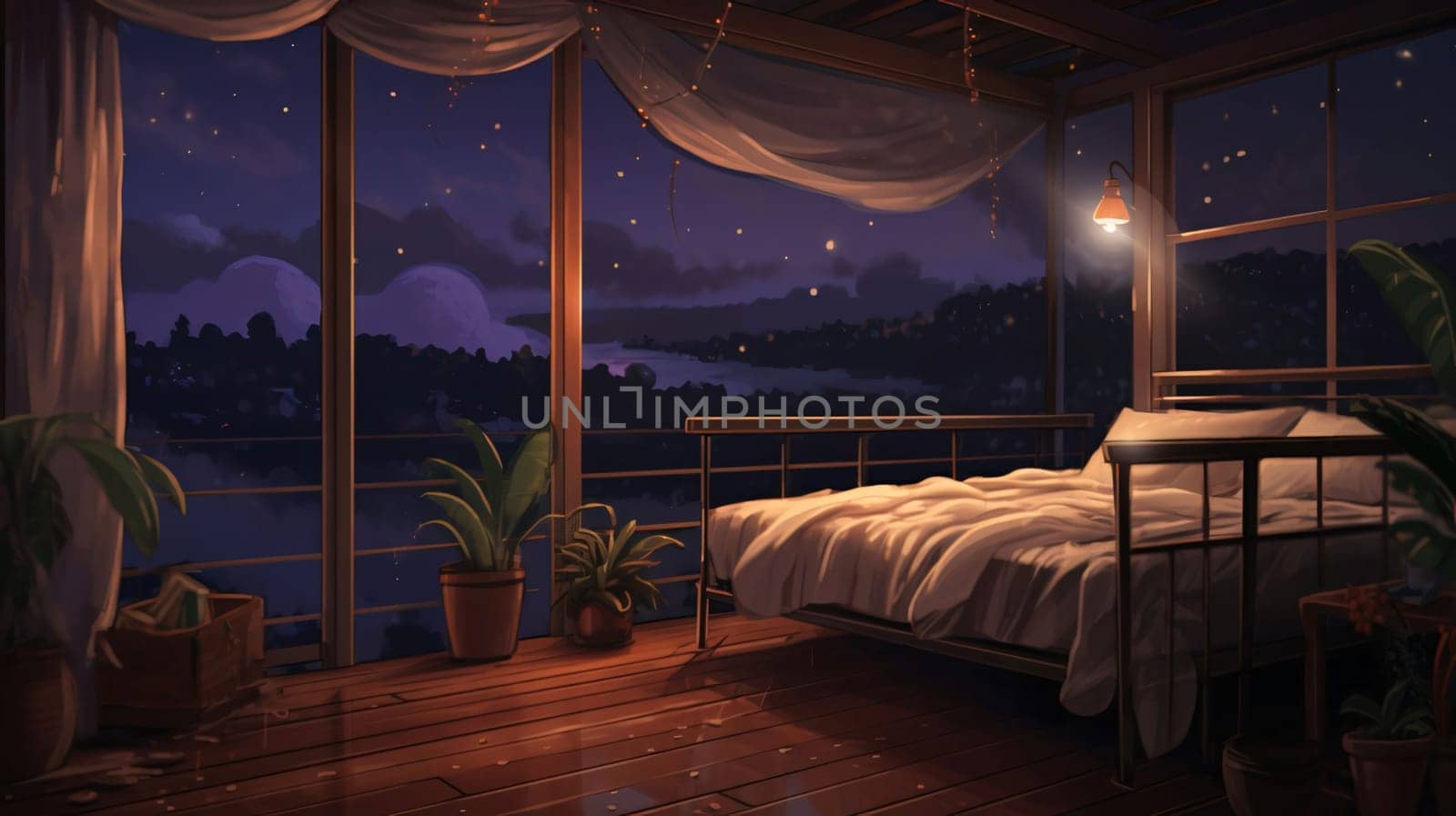 Banner: Illustration of a bedroom interior with a view of the city at night