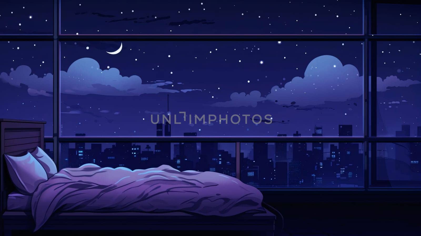 Banner: Illustration of a bed in a hotel room at night with a view of the city