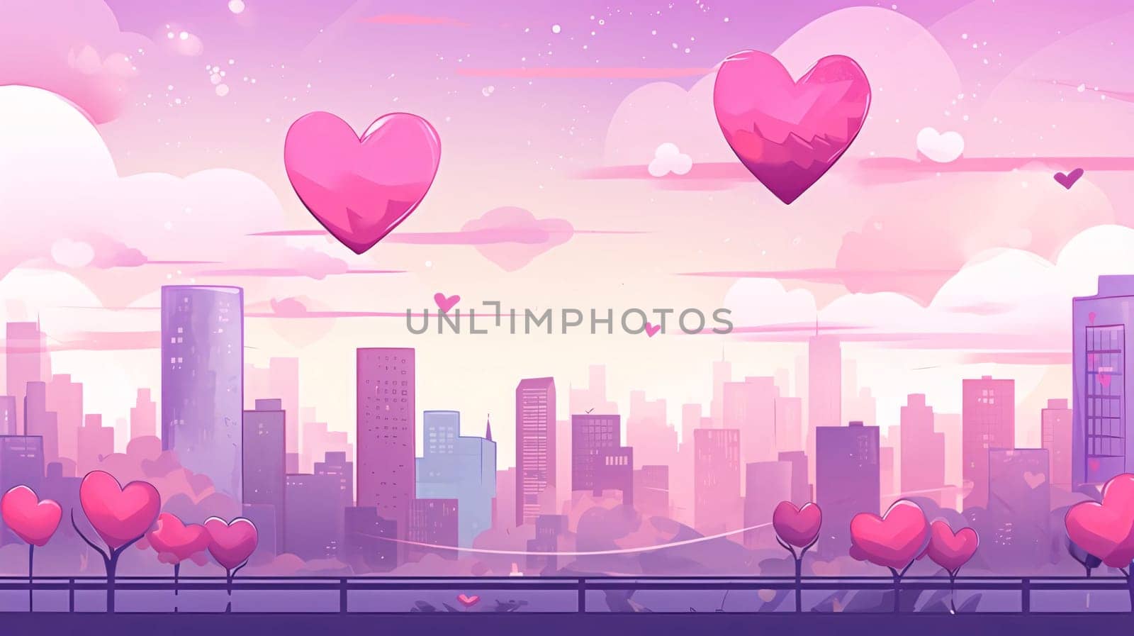 Banner: Valentines day background with hearts and cityscape. Vector illustration