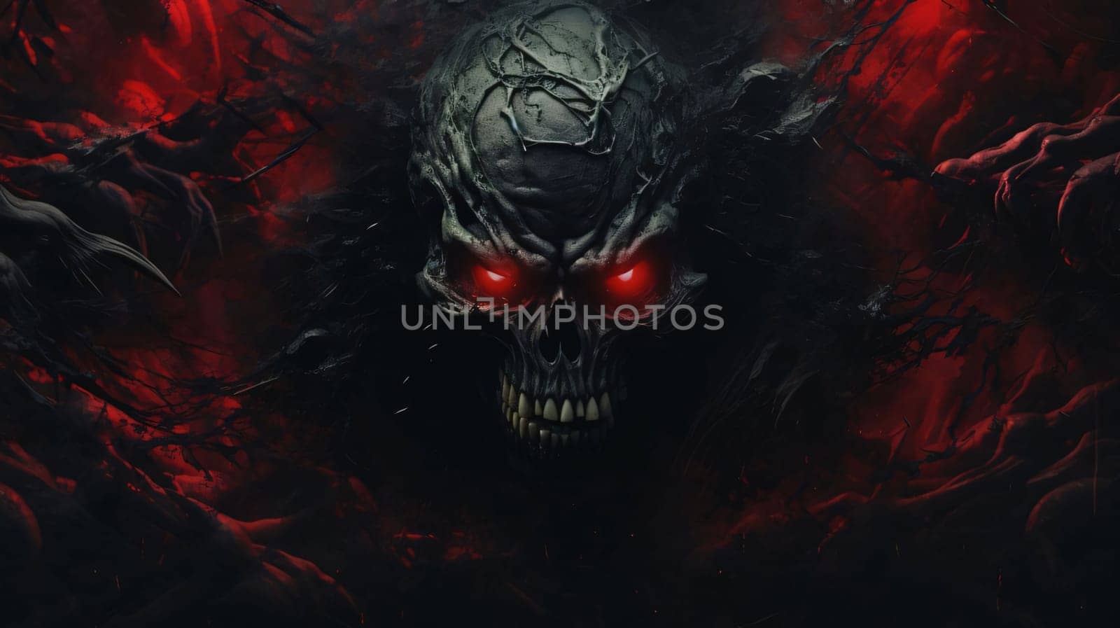 Banner: Creepy black skull with red eyes and blood on a dark background