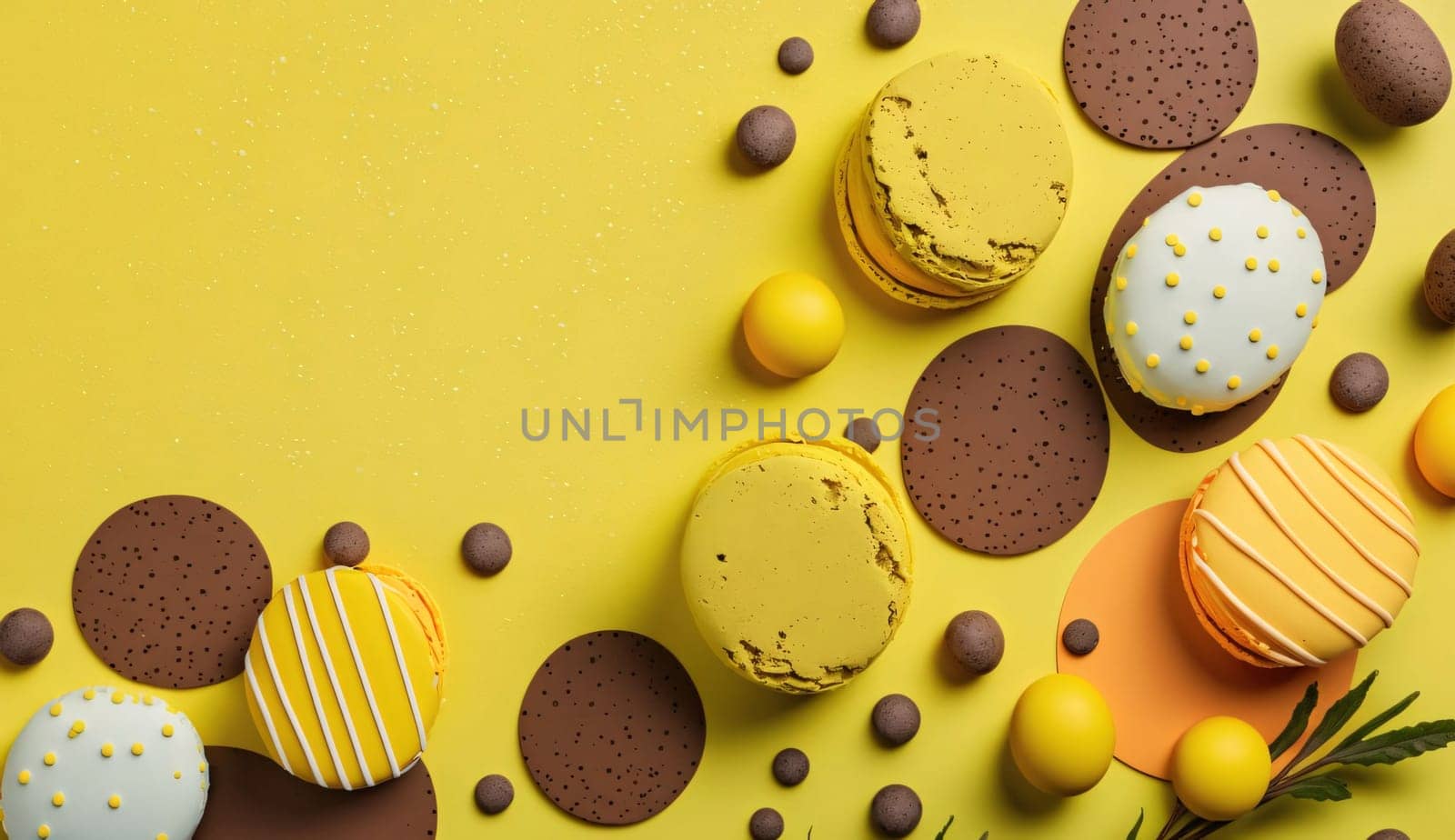 Colorful macarons and chocolate eggs on yellow background, top view by ThemesS