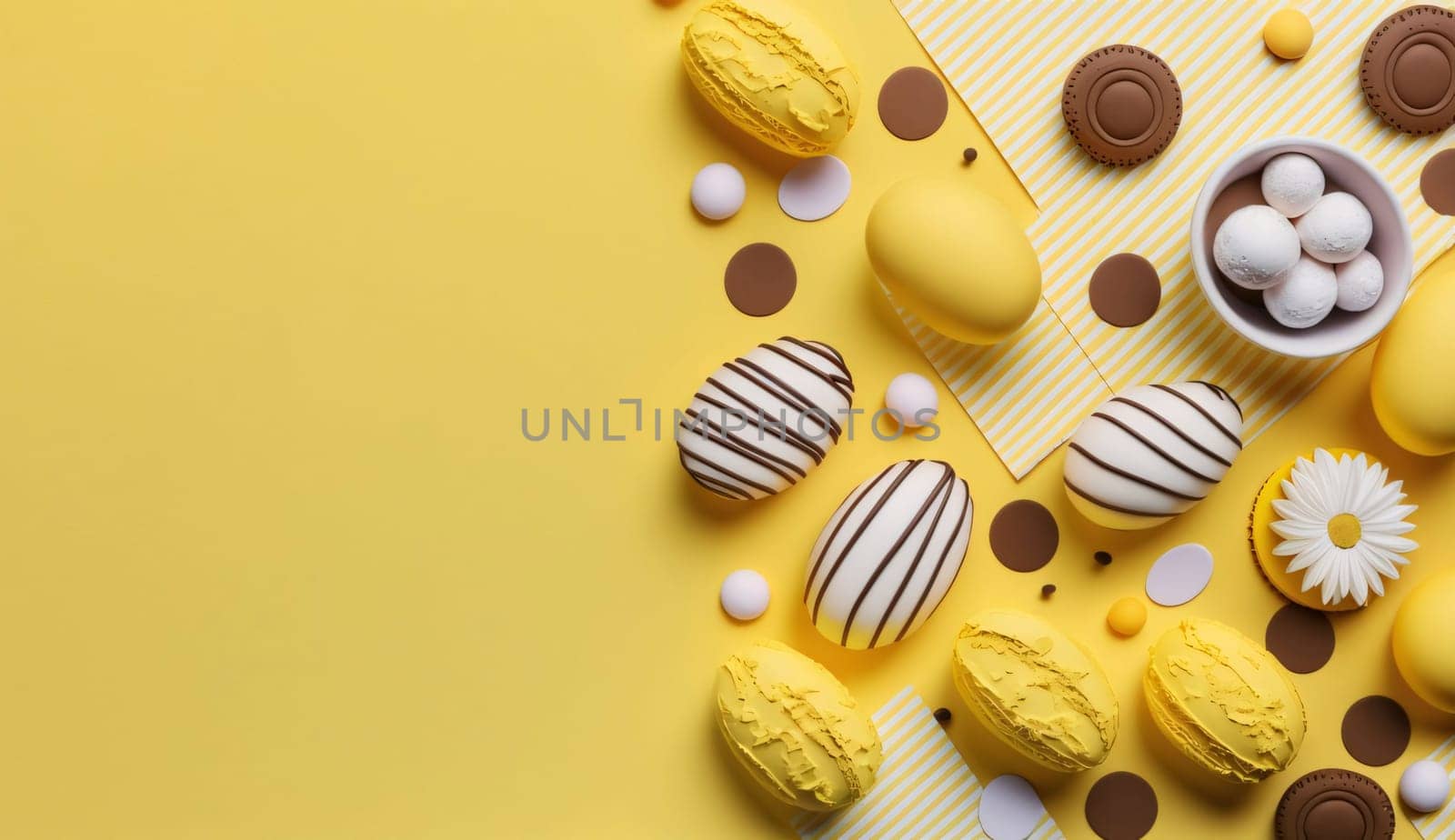 Colorful Easter eggs, macaroons, chocolate and marshmallows on yellow background by ThemesS