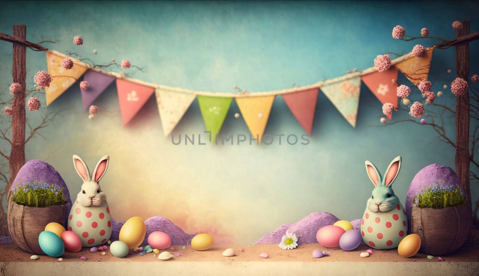 Easter background with easter eggs and cute bunnies. by ThemesS
