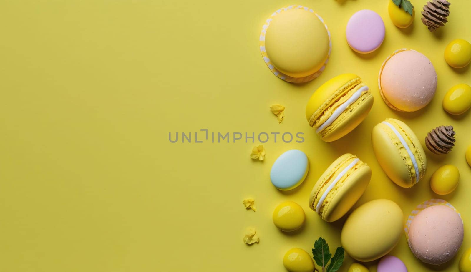 Banner: Colorful macaroons on yellow background. Top view with copy space
