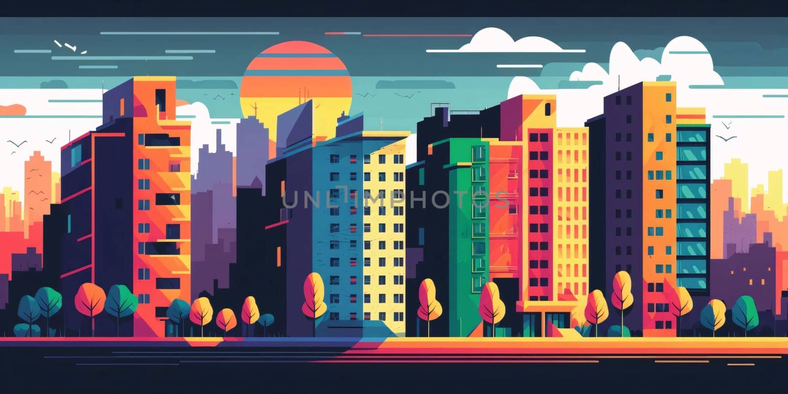 City landscape at sunset. Vector illustration in flat cartoon style. Cityscape with skyscrapers by ThemesS