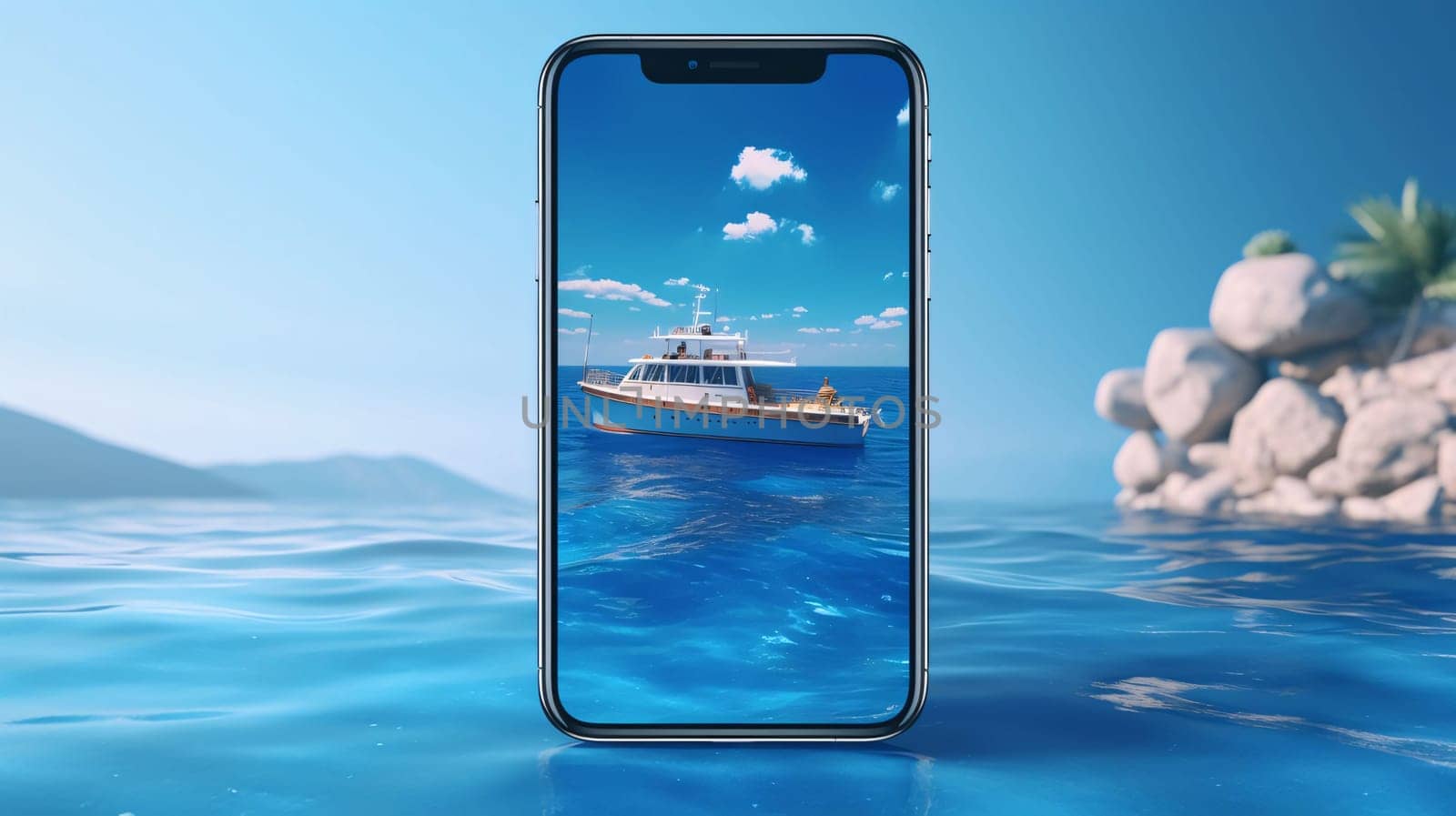 Mobile phone with blue sea and boat on the screen. 3d rendering by ThemesS