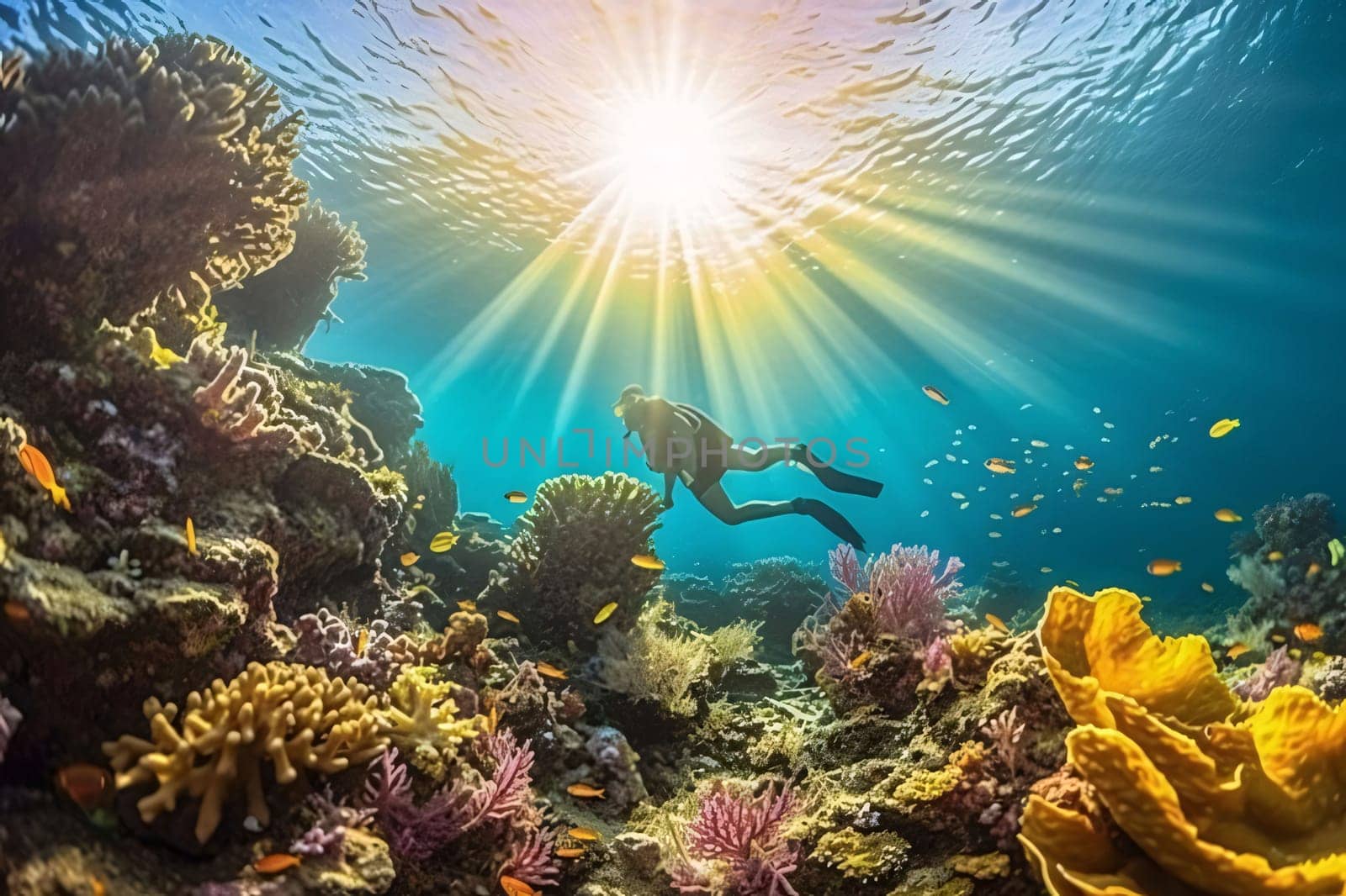 Banner: Underwater view of a beautiful coral reef with a man swimming underwater