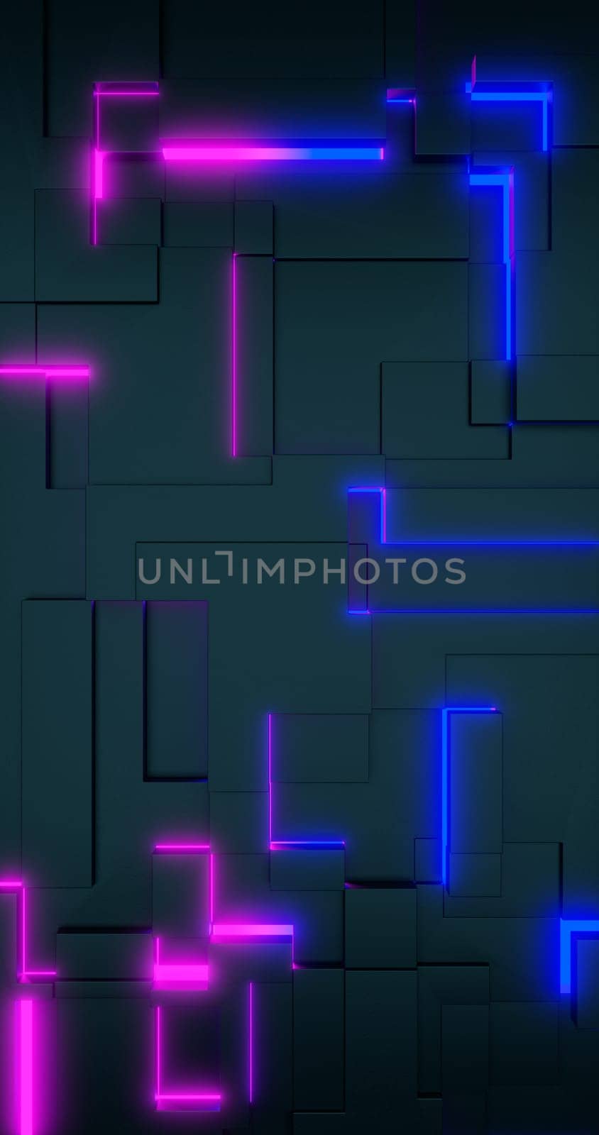 3d rendering. Geometric background with bright pink and blue neon elements. Phone background