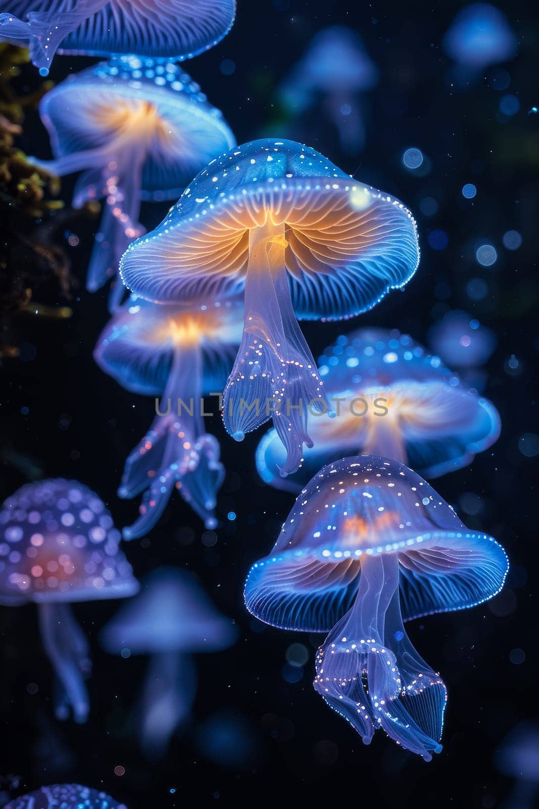 Three jellyfish are floating in the dark blue water. The jellyfish are illuminated by a light source, creating a beautiful and serene atmosphere
