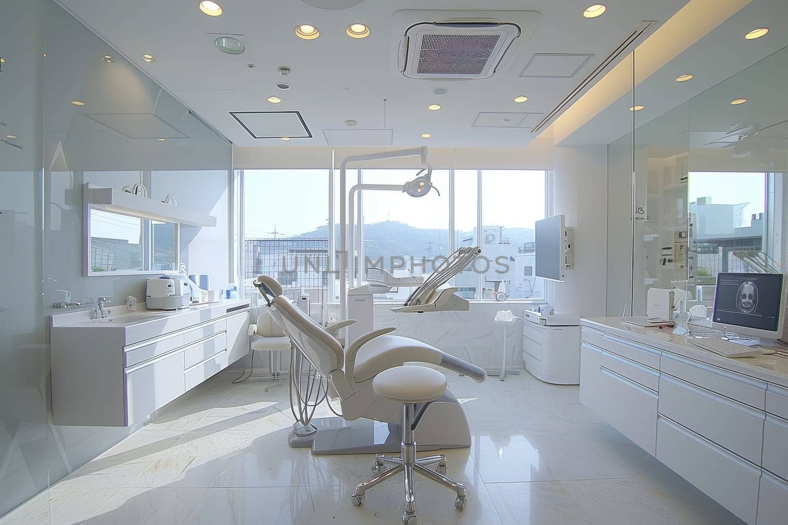 A clean and sterile dental office with a large window overlooking a mountain. The room is filled with white furniture and equipment, including a dental chair and a computer. The atmosphere is calm