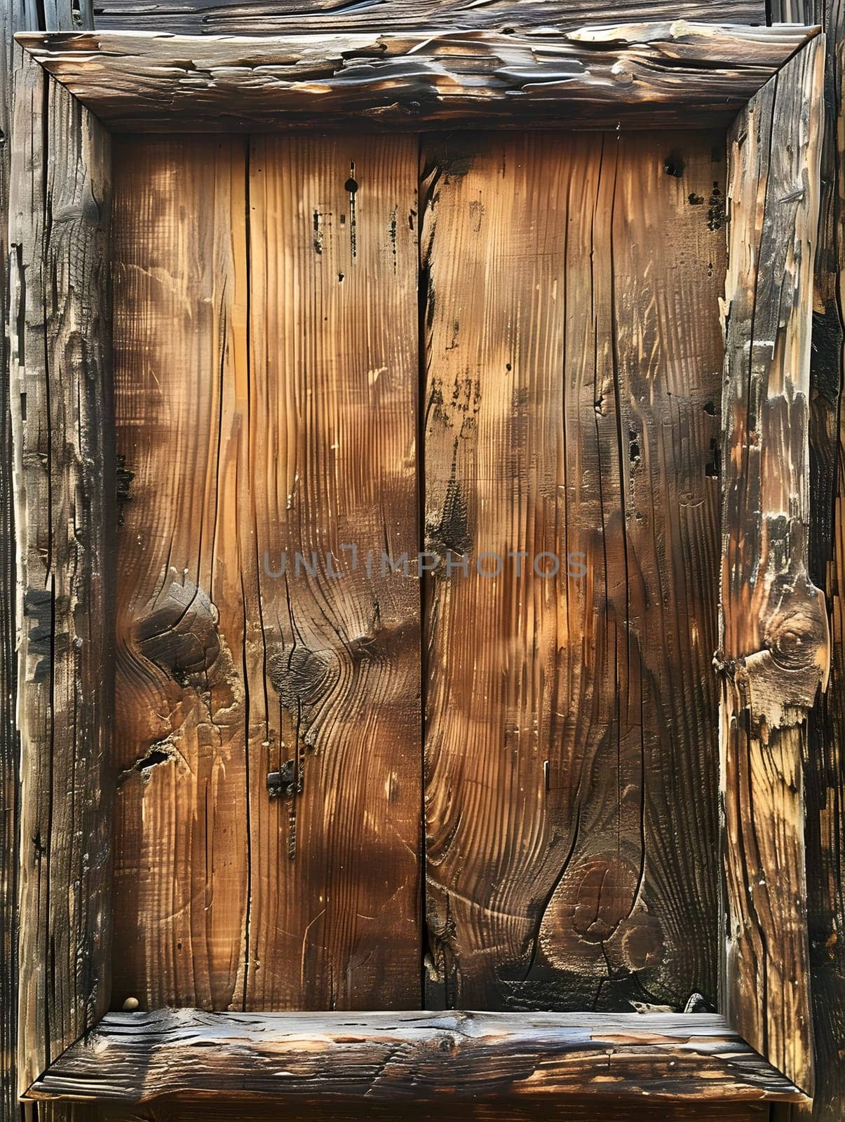 A hardwood door embedded within a wooden rectangular frame, showcasing exquisite wood stain artistry. A fixture on the buildings facade, crafted from the sturdy trunk of a tree
