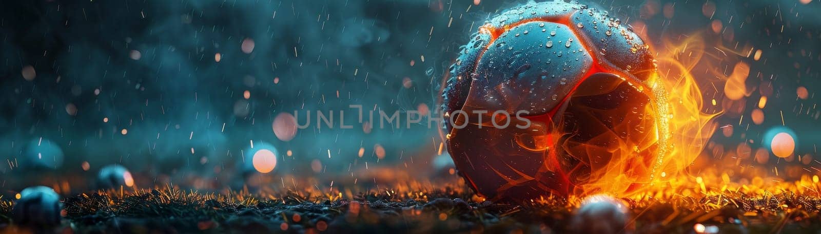 A soccer ball is on a field with a lot of rain. The ball is surrounded by a lot of small, shiny, round objects