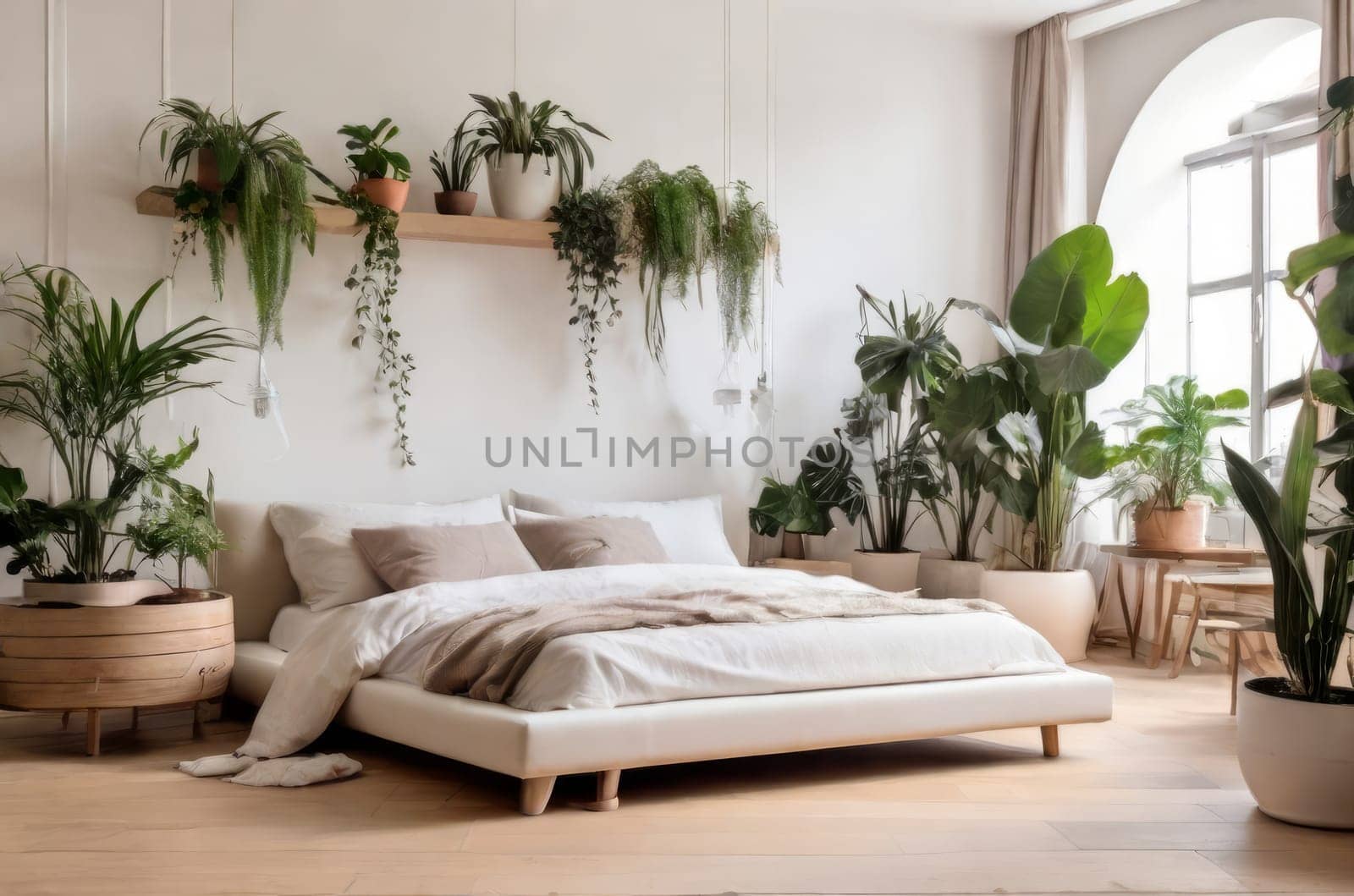 Comfortable ambiance in a home garden, bedroom in white and wooden design. Close-up: bed, stylish parquet, and a wealth of indoor plants. Interior with urban jungle elements. Biophilia concept