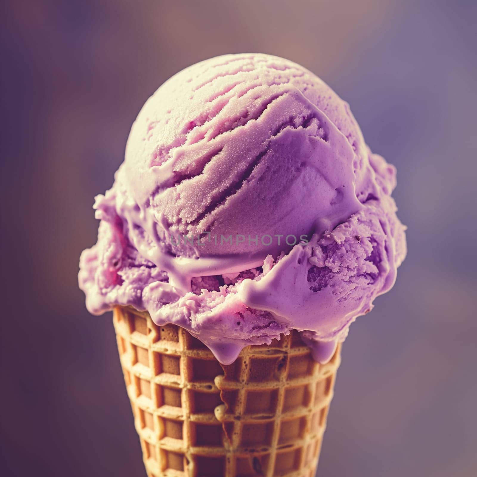 Close up of a single scoop of purple ice cream in a cone. by Hype2art