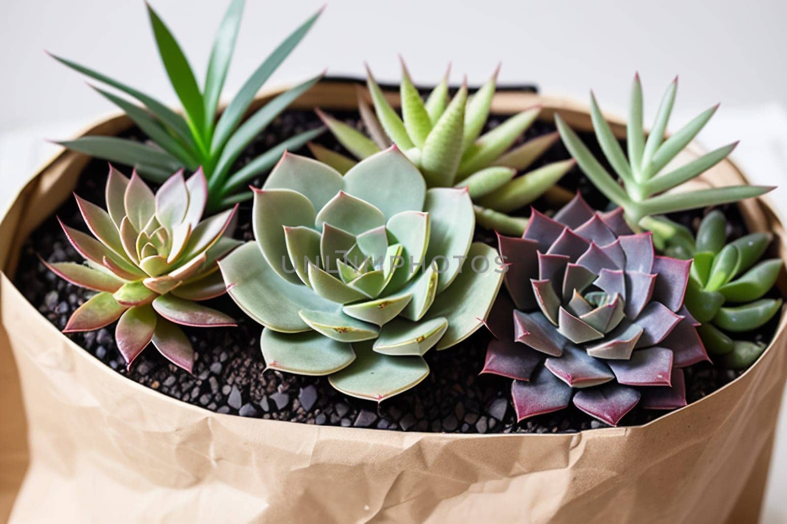 A large set of succulents in an eco-paper bag. Eco-friendly reusable eco-bag and succulents. Shop of indoor plants. by Annu1tochka