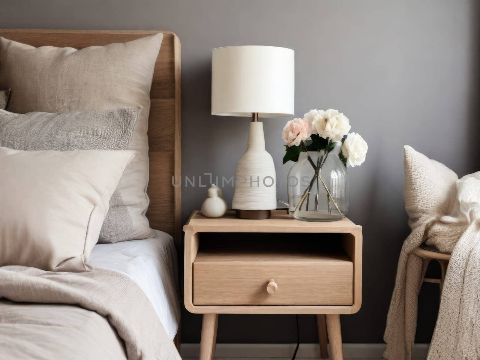 Nightstand with lamp and flowers in the bedroom. Home interior in Scandinavian style.