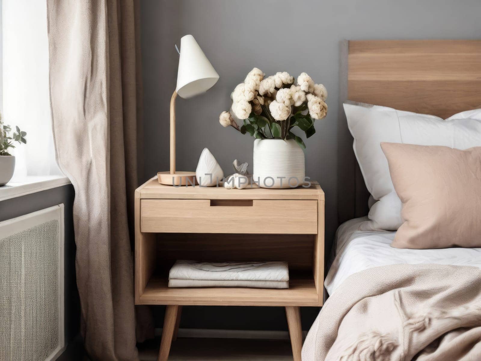 Delicate bedside decor with a lamp and floral arrangement, exuding a calming ambiance in the Scandinavian-style bedroom setting