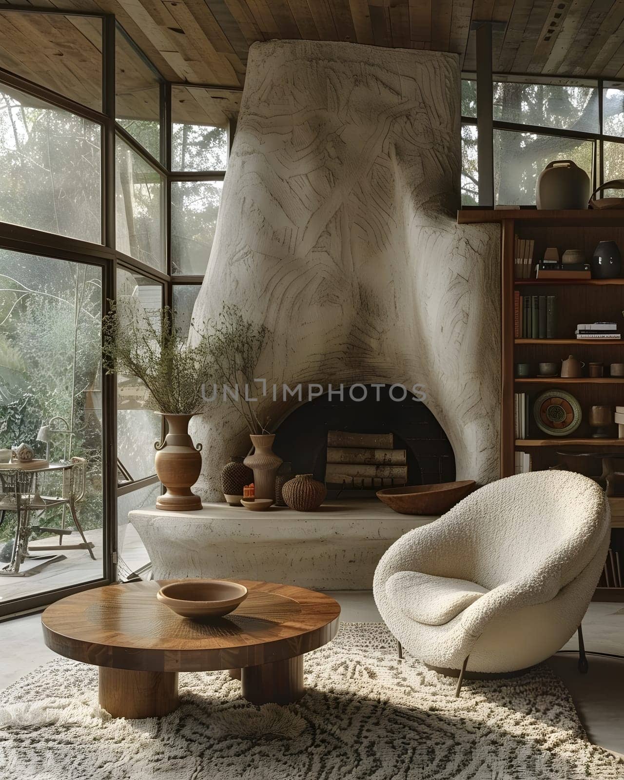 A cozy living room with hardwood flooring, a fireplace, chair, coffee table, and bookshelf. The interior design features wood elements and a view through a window