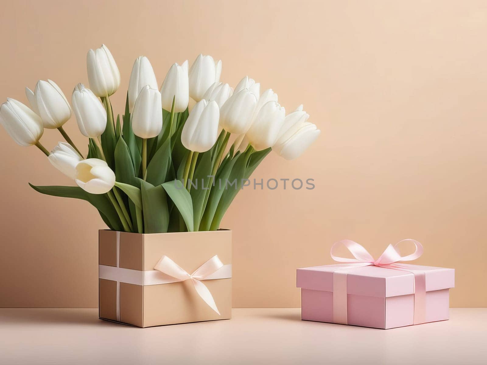 A bouquet of white tulips next to a pink gift box on a beige background, an empty space for the text on the right by Annu1tochka