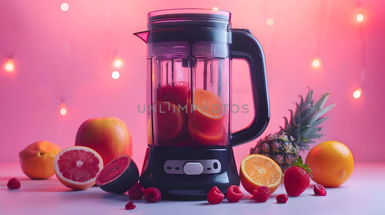 A blender filled with liquid ingredients like tangelo, Valencia orange, and grapefruit surrounded by various fruits on a table
