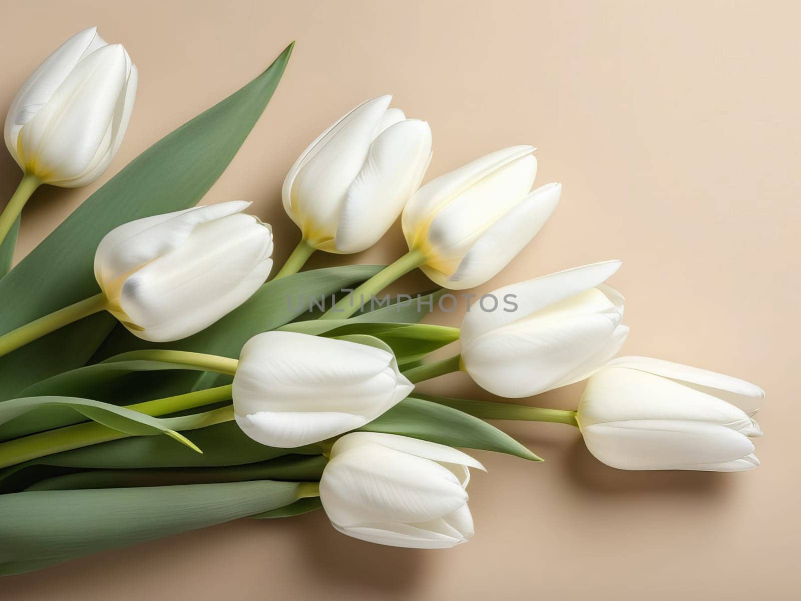 A bouquet of white tulips on a beige background, an empty space for the text on the right by Annu1tochka