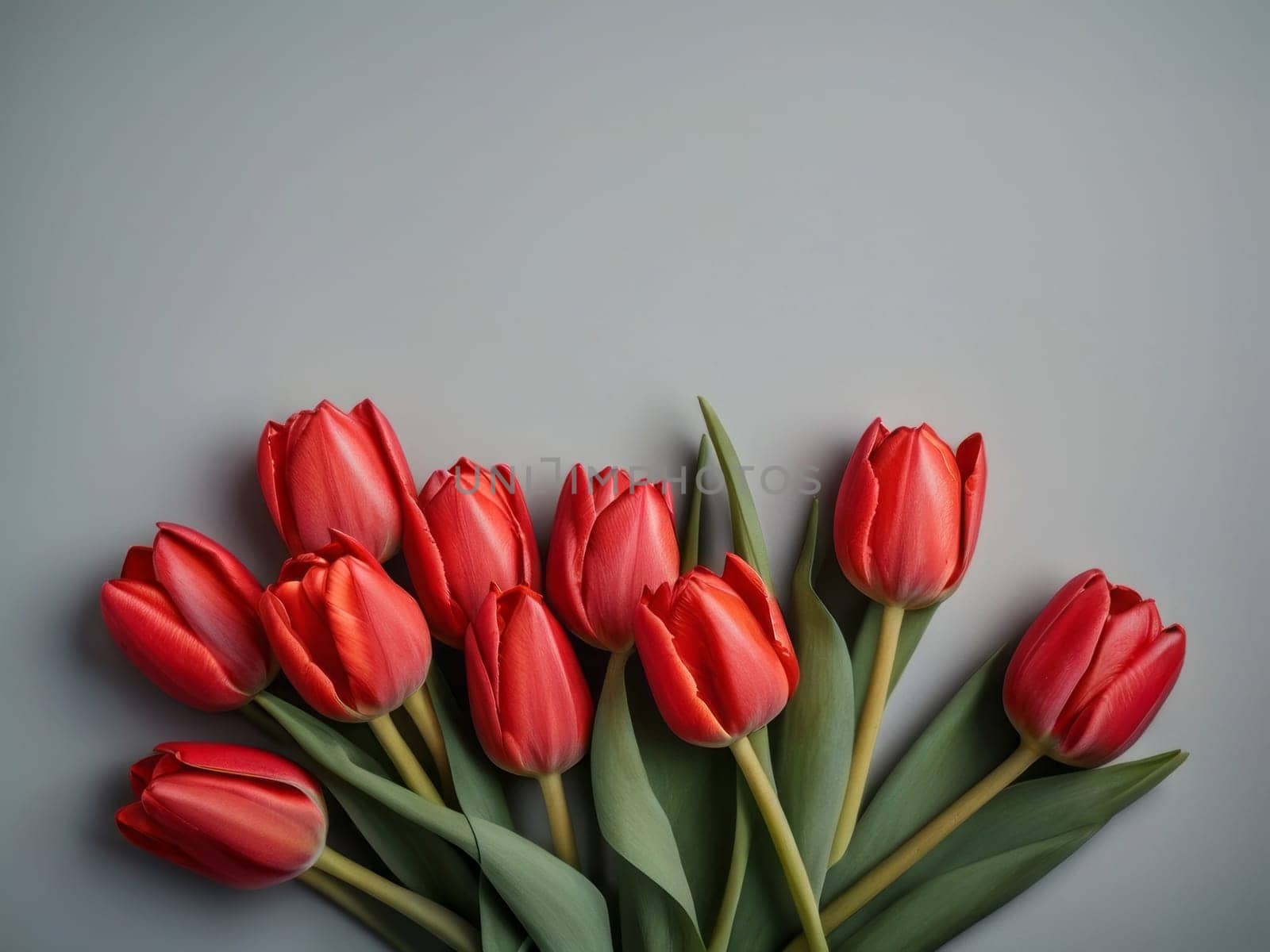 Beautiful red tulips in craft paper on gray pastel background with copy space, spring time, mother's day