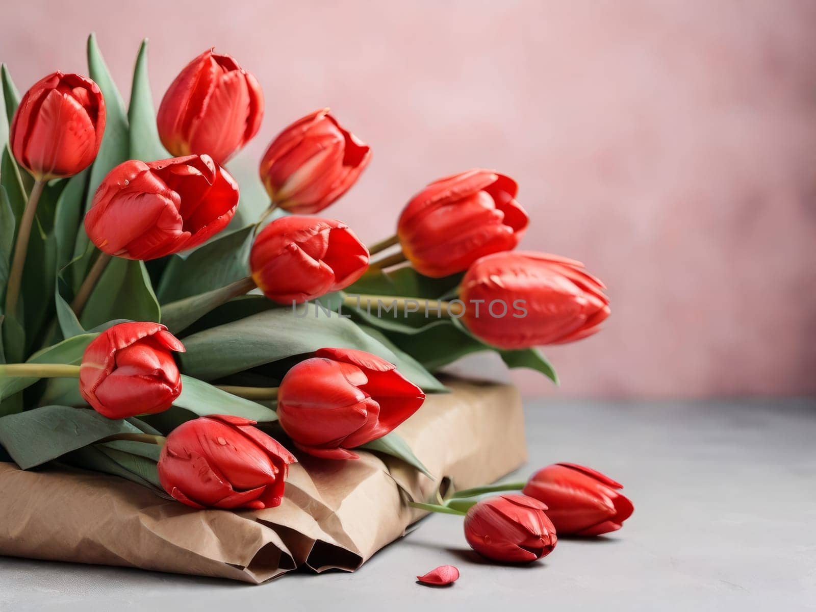 Beautiful red tulips in craft paper on gray pastel background with copy space, spring time, mother's day. by Annu1tochka