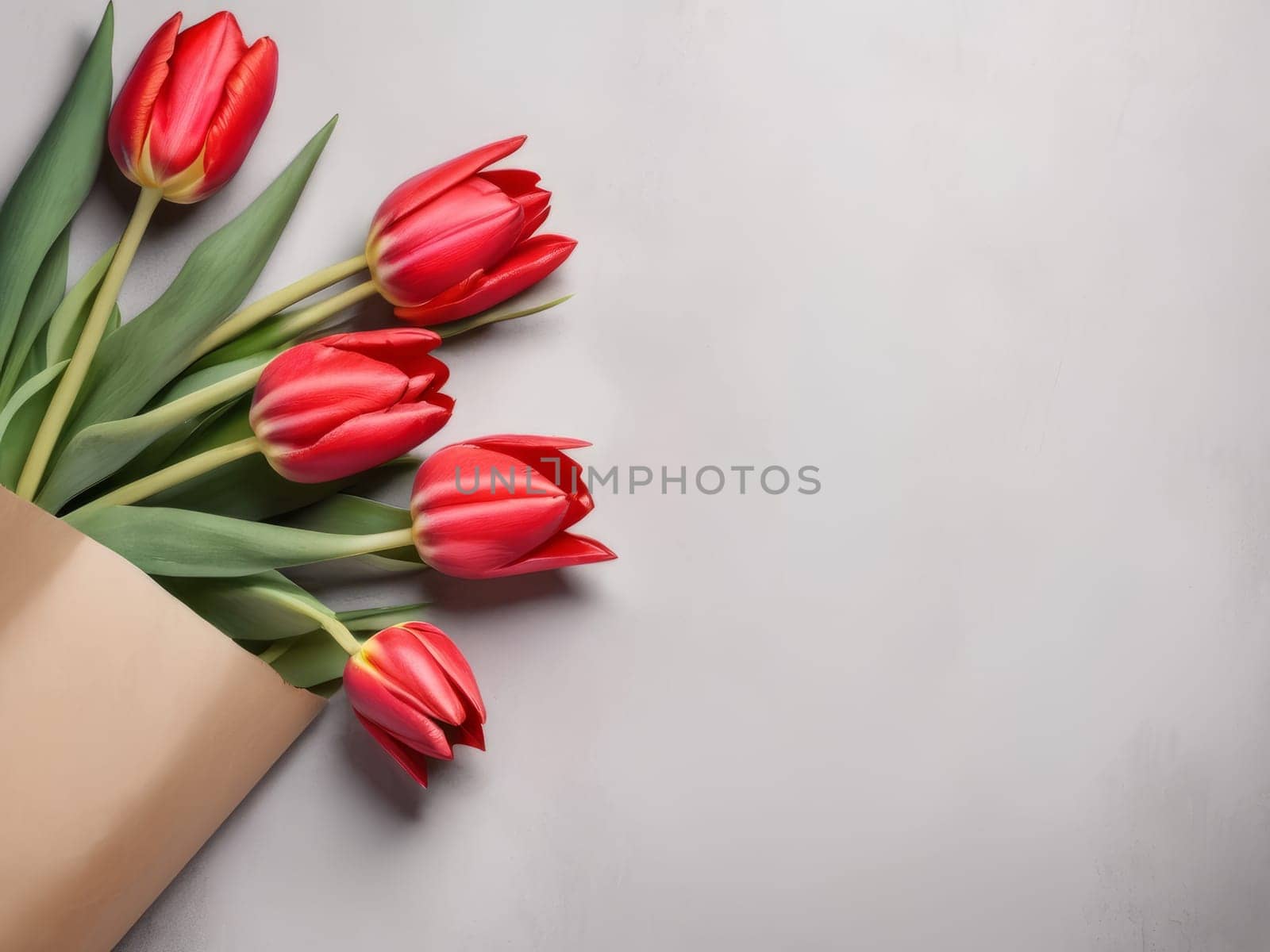Beautiful red tulips in craft paper on gray pastel background with copy space, spring time, mother's day. by Annu1tochka