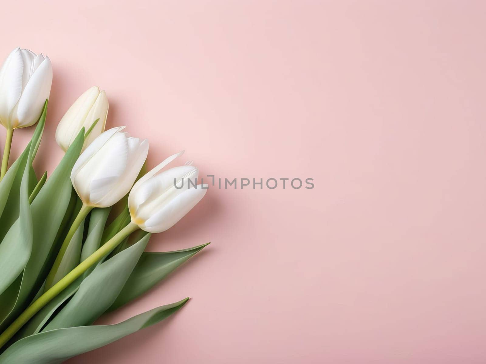 Banner with white tulips wrapped in craft paper on pink pastel background by Annu1tochka