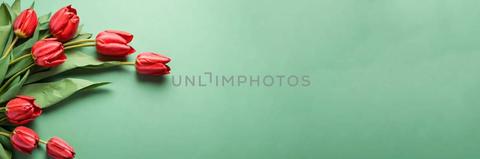Beautiful red tulips in craft paper on green pastel background with copy space, spring time, mother's day.